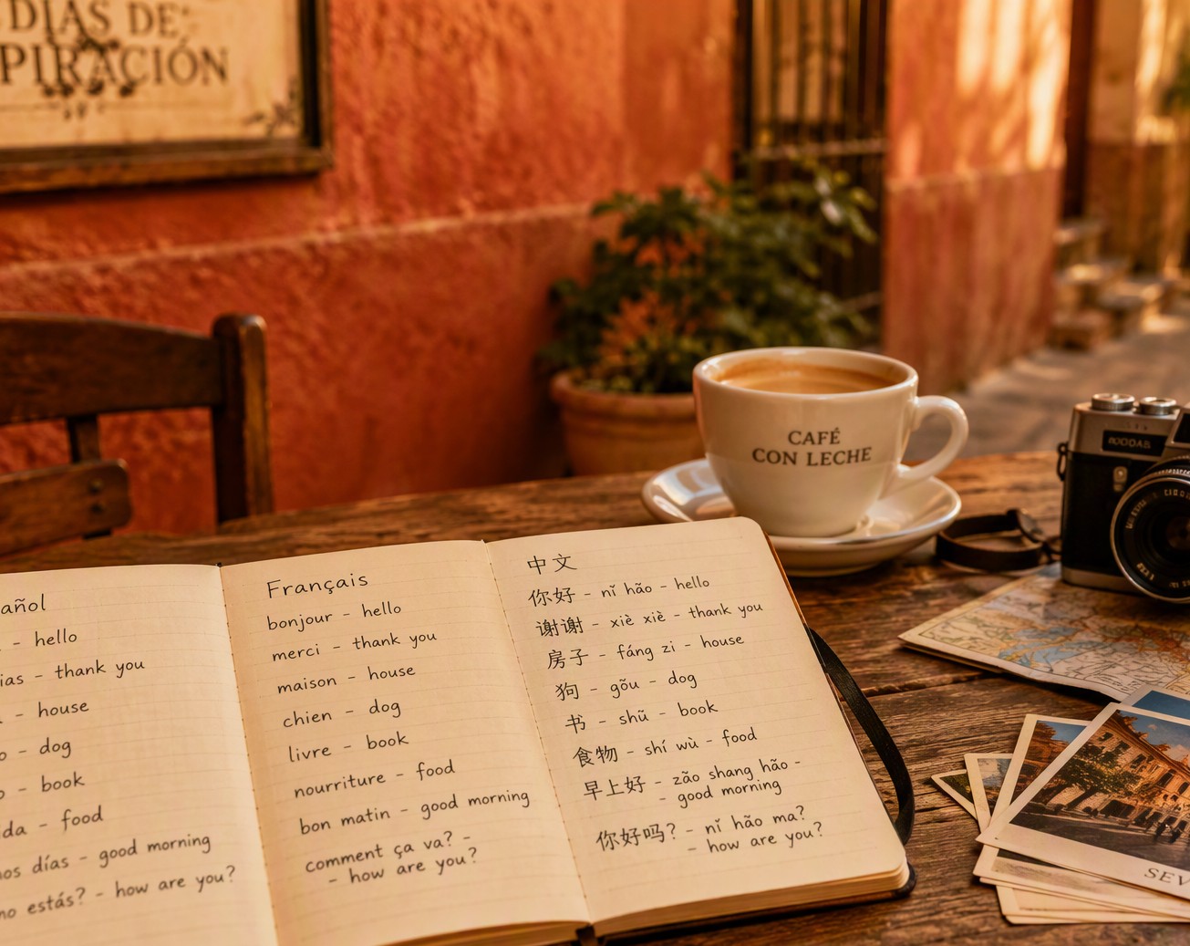 A café table with an open language-learning notebook, coffee, and travel postcards